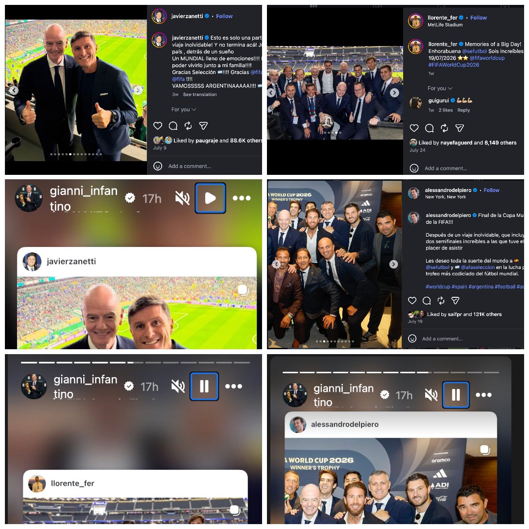 EddyDove's tweet photo. Infantino is actually taking FIFA Legends' posts from during the World Cup, and re-posting them on his story today, interspersed with federation messages of support, *as though* they are being shared today by the legends as support for him...they're not.

Such a pathetic/feeble way to fake support, so transparent, so lacking self-awareness. 

Who does he think will buy/swallow this?