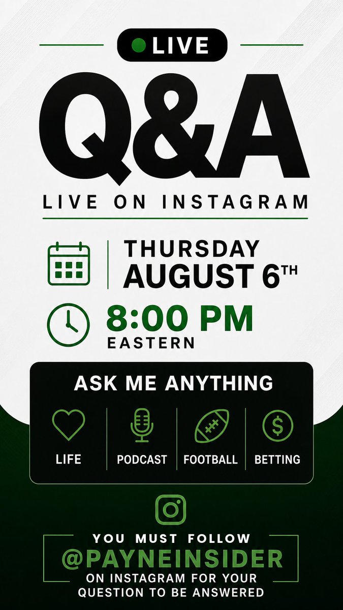 PayneInsider's tweet photo. 🚨 LIVE Q&A THIS THURSDAY

NFL Opening Night
Panthers 🆚 Cardinals

8:00pm eastern on Instagram

Ask Me Anything!
🧬 Life
🏈 Football
🎙️ Podcast
💰 Betting

To Have Your Question Answered:

You Must Follow @Payneinsider on Instagram: https://t.co/yUiQLYafqa