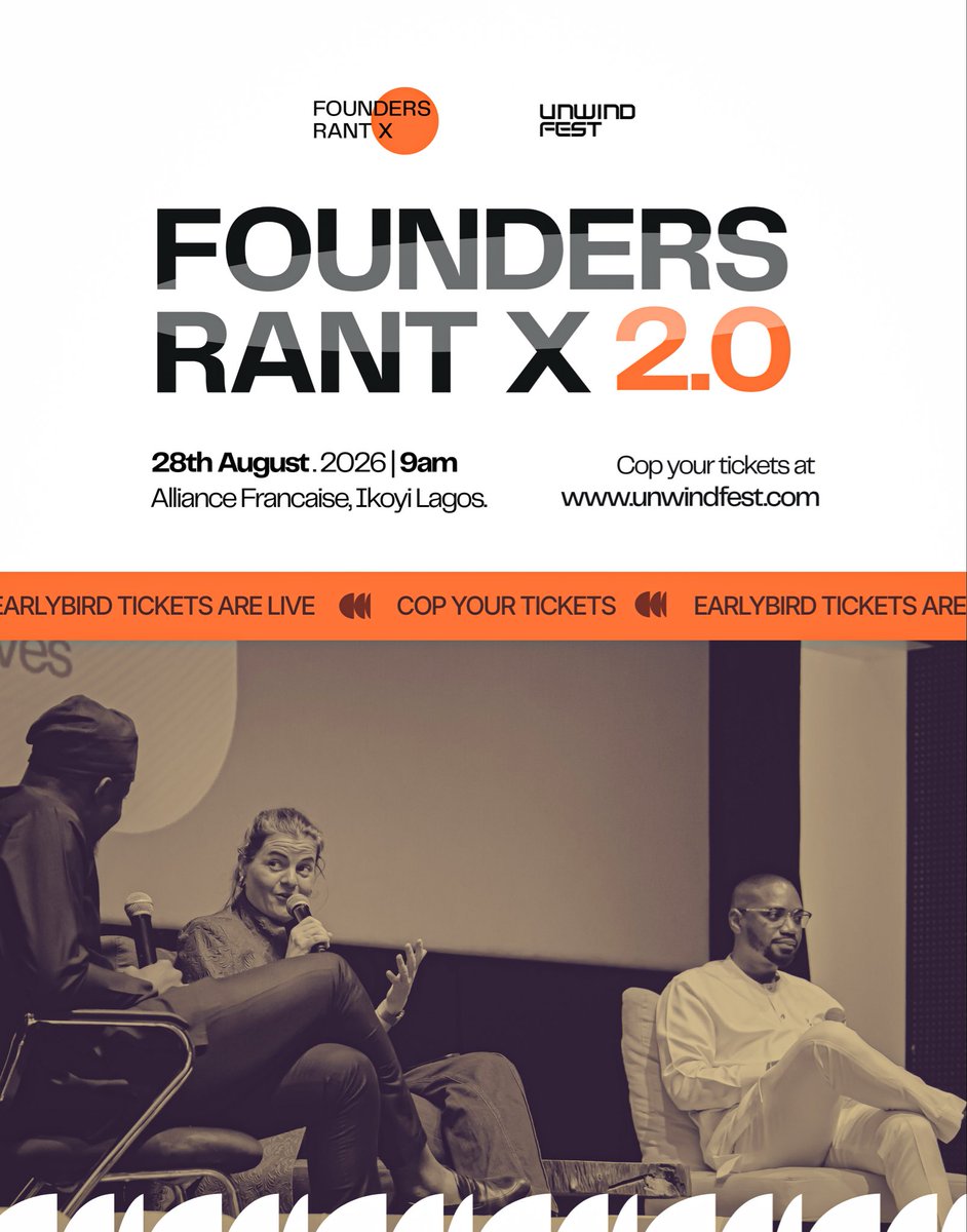 unwindfesthq's tweet photo. The countdown begins.

Bigger conversations. Stronger networks. Practical insights from people building real businesses.

Founders Rant X.
Built for founders. Designed for growth.

Friday, 28th August 2026
📍Alliance Française, Ikoyi, Lagos

Register now via the link in our bio. https://t.co/IucRwmYcpw