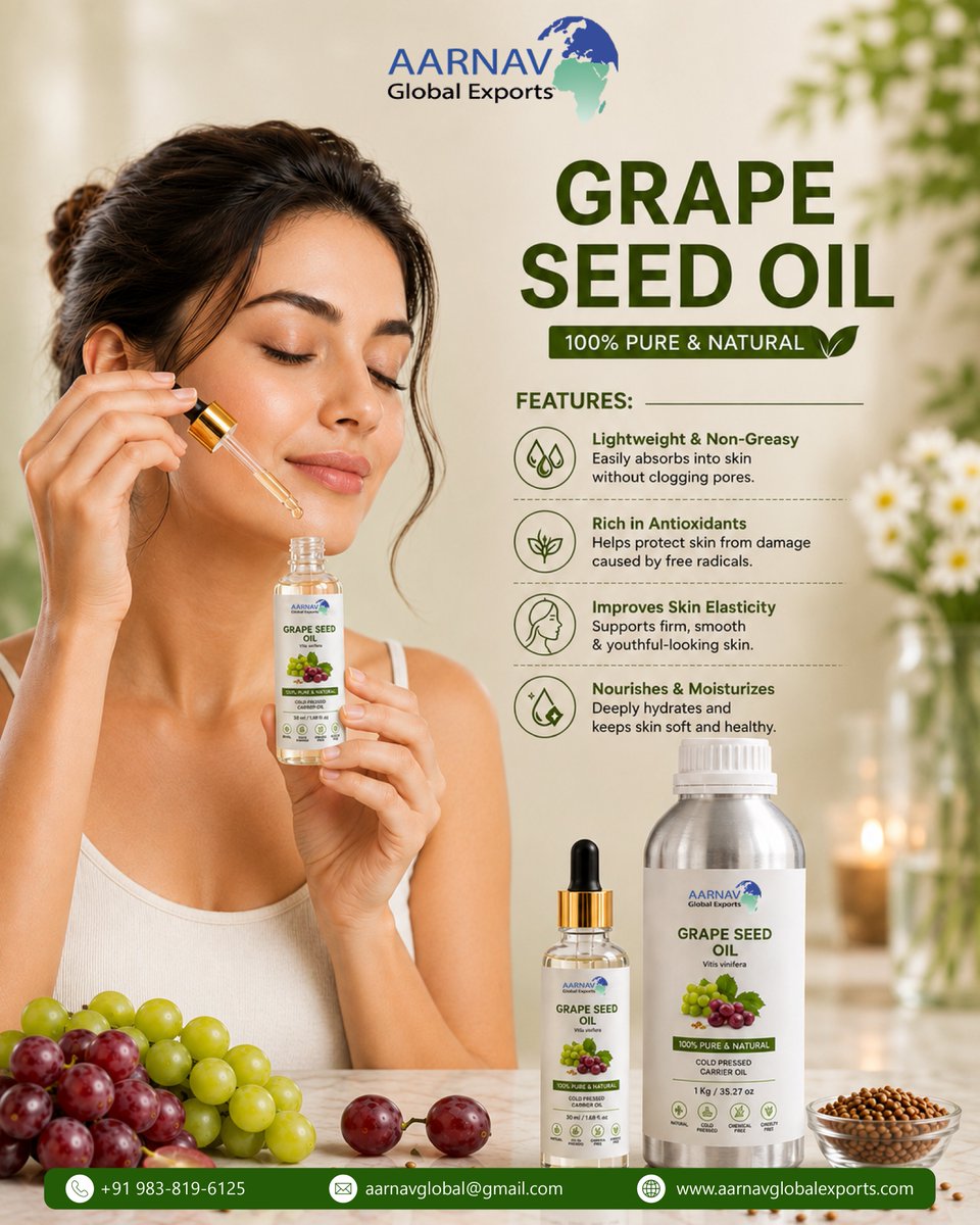 GlobalAarnav's tweet photo. Premium Bulk Grape Seed Oil for Manufacturers &amp; Private Label Brands

Contect Us:
Phon: +91 983-819-6125
Email: aarnavglobal@gmail.com
Web: https://t.co/tHIRAGW7Sa

#GrapeSeedOil #BulkGrapeSeedOil #GrapeSeedOilWholesale #CarrierOil #ColdPressedOil #NaturalCarrierOil #cosmatic https://t.co/m2Eedus8hG