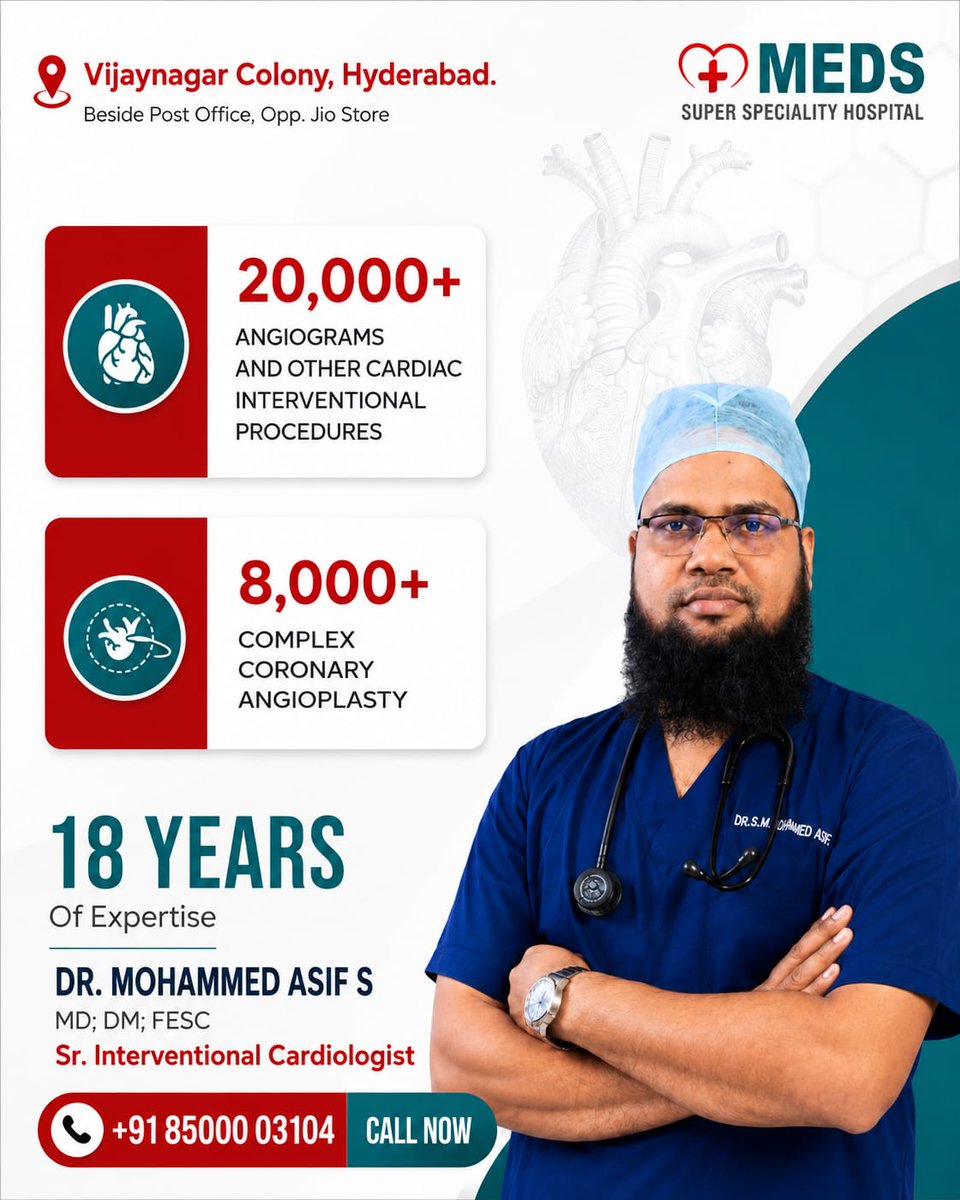DRMohammedAsif's tweet photo. With over 18 years of experience, Dr. Mohammed Asif S, Senior Consultant &amp; Interventional Cardiologist, has successfully performed 8,000+ complex coronary angioplasties and 20,000+ angiograms, 
📞Call: +91 85000 03104
🌐 Visit: https://t.co/gYGr81E4E9

'
'

#DrMohammedAsif https://t.co/3wD1YTjZi6