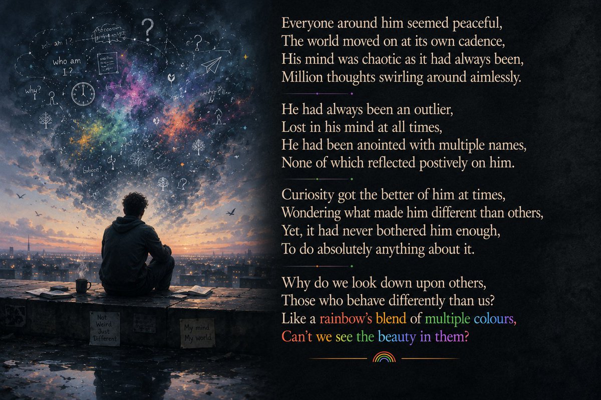 my2centsandme's tweet photo. #vss365

Everyone around him seemed peaceful,
The world moved on at its own cadence,
His mind was #chaotic as it had always been,
Million thoughts swirling around aimlessly.

He had always been an outlier,
Lost in his mind at all times,
(1/3) https://t.co/GS4yrP1QnW