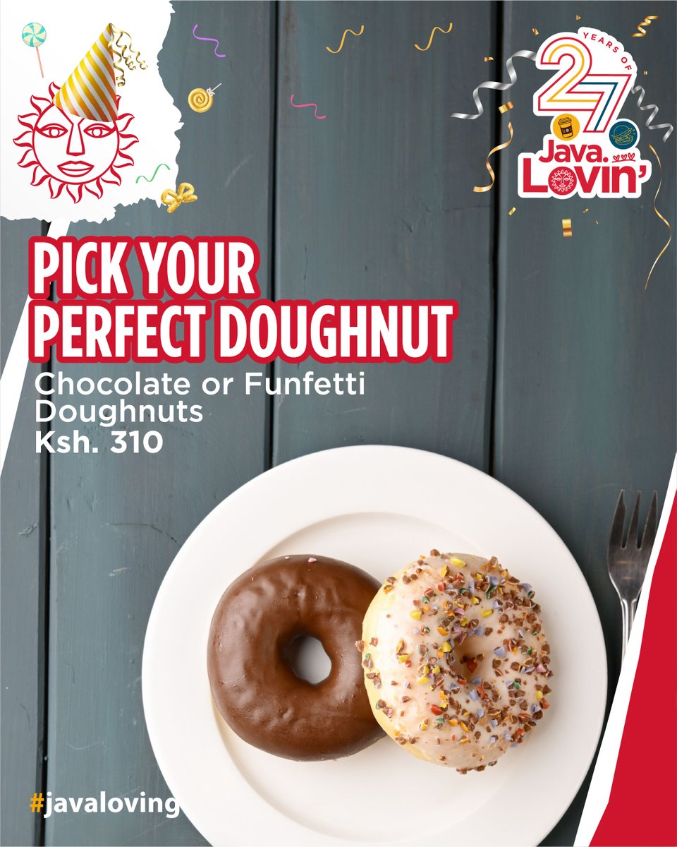 javahouseafrica's tweet photo. The sweetest news about this month is you can enjoy a Chocolate or Funfetti Donut at a branch near you. They are available at Ksh. 310, order yours today.​
#JavaLove https://t.co/gQ6rY40dZ3