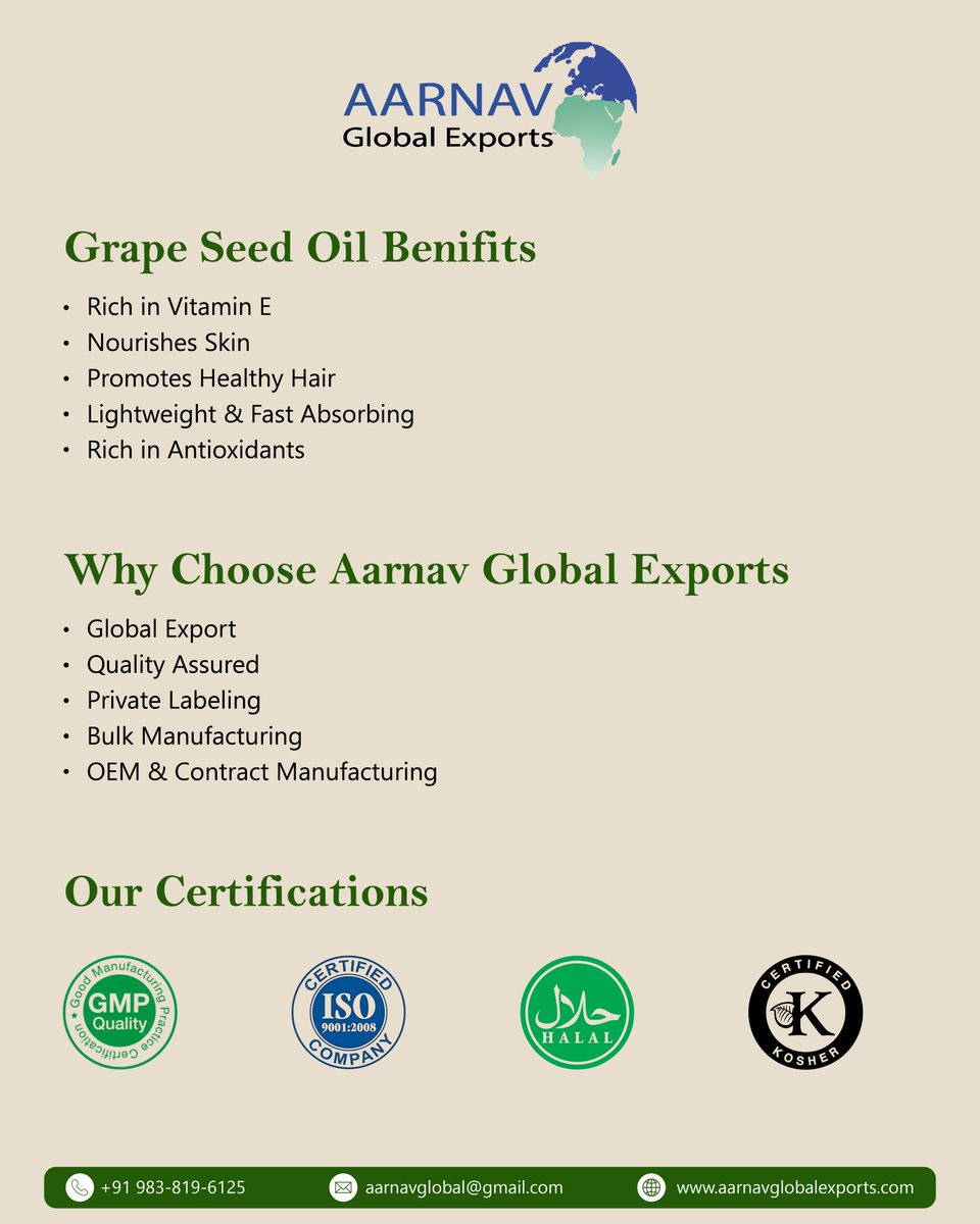 GlobalAarnav's tweet photo. Premium Bulk Grape Seed Oil for Manufacturers &amp; Private Label Brands

Contect Us:
Phon: +91 983-819-6125
Email: aarnavglobal@gmail.com
Web: https://t.co/tHIRAGW7Sa

#GrapeSeedOil #BulkGrapeSeedOil #GrapeSeedOilWholesale #CarrierOil #ColdPressedOil #NaturalCarrierOil #cosmatic https://t.co/m2Eedus8hG