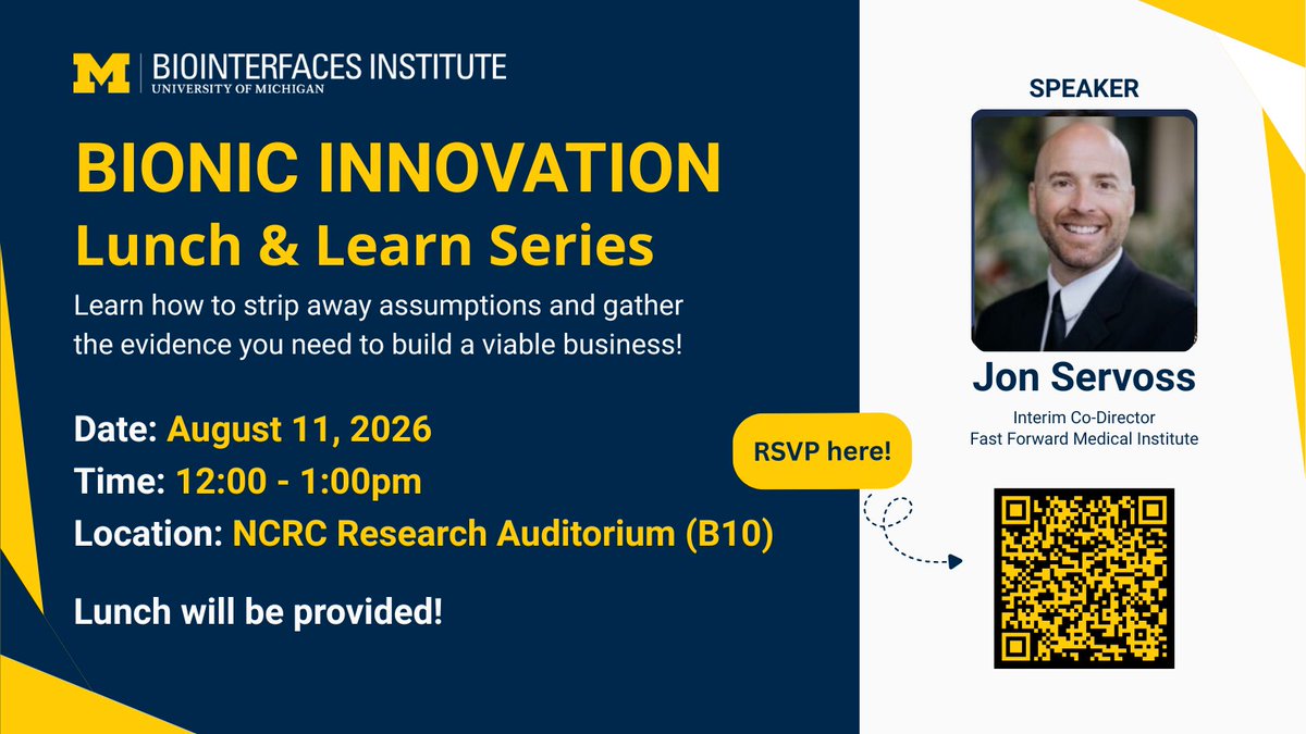 UMBiointerfaces's tweet photo. Testing Your Idea in the Real World: Customer Discovery &amp; Market Analysis

Learn how to strip away assumptions and gather the evidence you need to build a viable business.

📍NCRC Research Auditorium, B10 
⌚️August 11, 12–1 PM   

Lunch provided!

https://t.co/Qym9Yzhh7V https://t.co/J6gJ0OAZTz