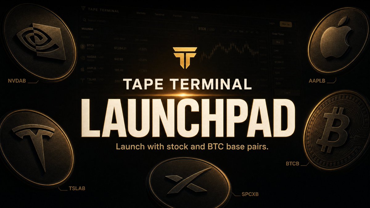 TapeTerminal's tweet photo. Introducing the TAPE Terminal Launchpad.

Most launchers force every project into the same generic base pairs.

TAPE changes that.

Launch a token directly against tokenized stocks or BTC:

SPCX. NVDA. AAPL. TSLA. BTC.

Real markets become the base layer.