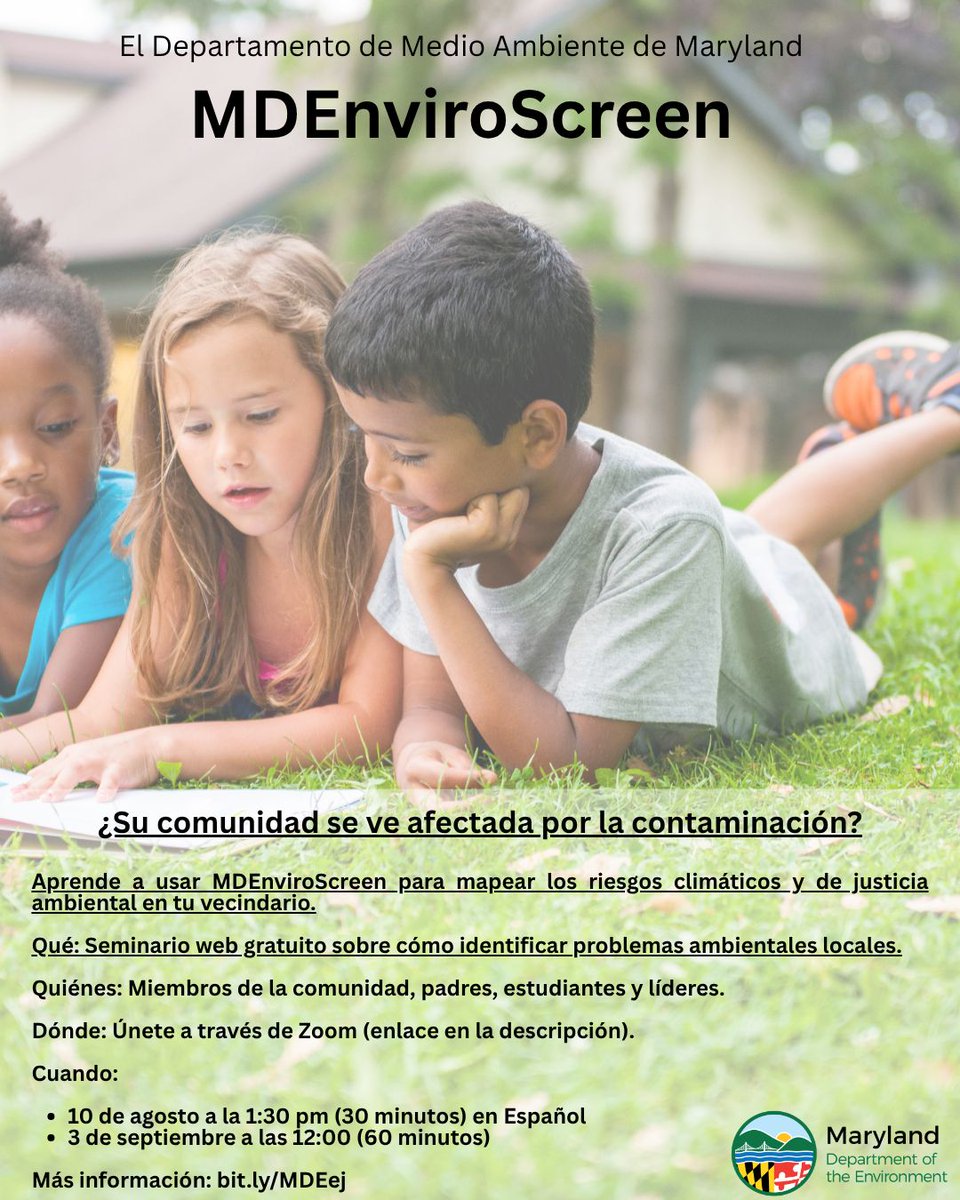 MDEnvironment's tweet photo. Curious how pollution and climate change affect your Maryland neighborhood? 🌍 Learn to use MDEnviroScreen—the state’s mapping tool for air quality, flooding, and more—in a free webinar to help you advocate locally. https://t.co/xiONWiRVh1