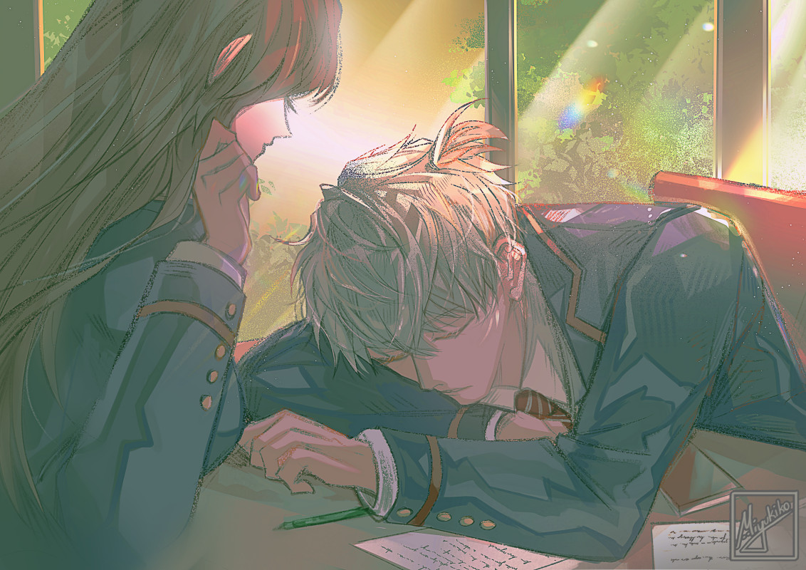 Miyukiko's tweet photo. [LADS] When Xavier chooses this uniform he always has the little hair sprout as well and I like to think MC did it when he sleeps 

#LoveandDeepspace #Xavier #恋与深空 #恋と深空 https://t.co/CIrsn2g5nC