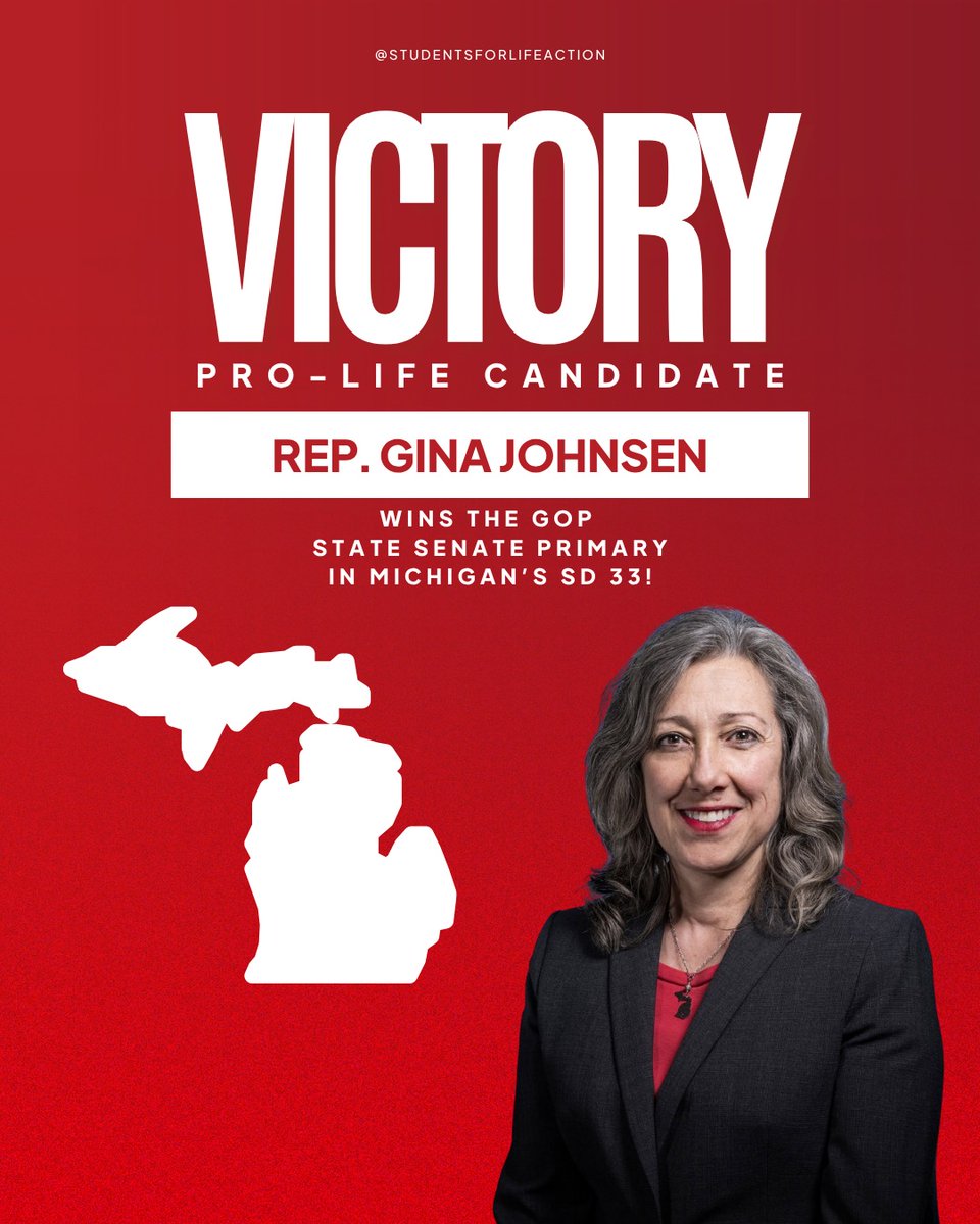 SFLAction's tweet photo. Michigan pro-lifers, take note: Rep. Gina Johnsen won the GOP primary for State Senate District 33. As a signer of our SFLAction Candidate Pledge, Gina is committed to voting 100% pro-life if elected. Beating the pro-abortion Democrat is the next step. https://t.co/PykyzxrshI