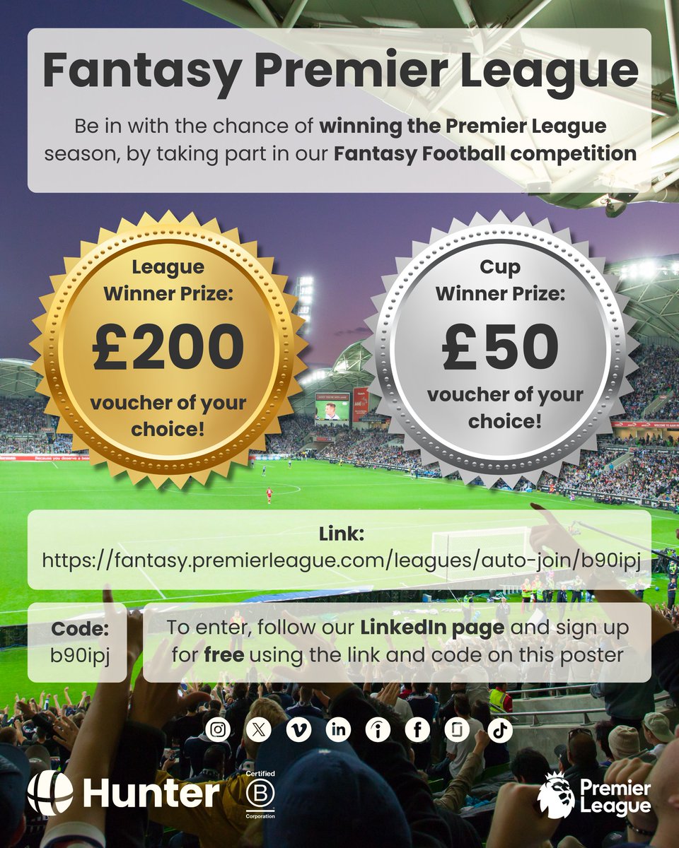 HunterSelection's tweet photo. ⚽FANTASY FOOTBALL COMPETITION⚽

It's that time again, where you could be in with the chance of winning a £200 voucher of your choice 💸

To enter, make sure you're following us on X and use the link and code below to sign up to the competition for free 🏅

#premierleague https://t.co/jxO3Zf416B