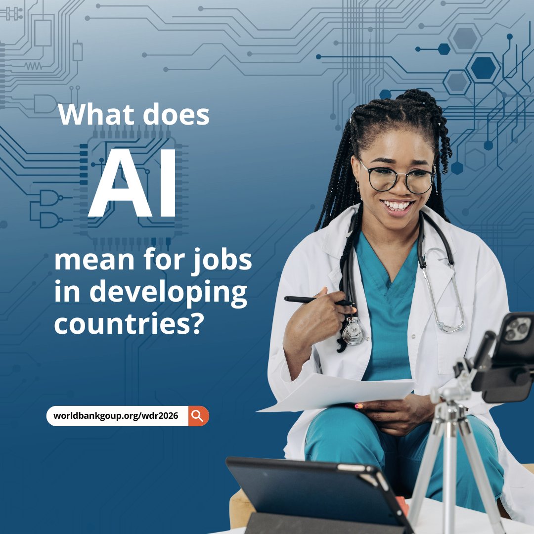 WorldBankAfrica's tweet photo. 1/3 The evidence on AI and developing economies is more nuanced and more promising than most headlines suggest. #WDR2026 https://t.co/RUGNnjk3zv