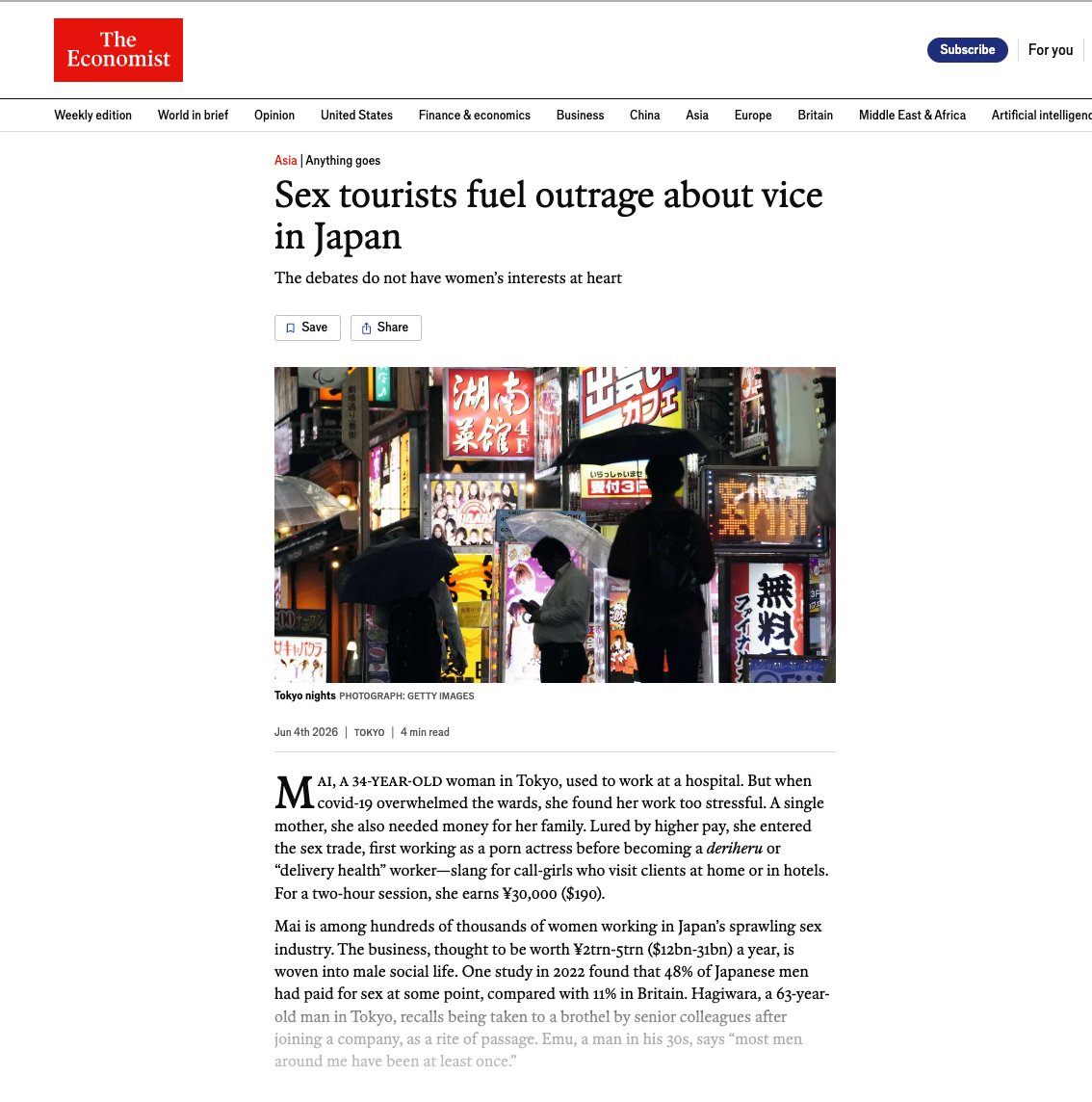 OopsGuess's tweet photo. So this is the West’s “model student of Asia”:

a country with a commercial sex industry worth trillions of yen, where a 2022 study found that 48.3% of Japanese men aged 20–49 had paid for sexual services.

Yet The Economist headlines the problem as “sex tourists.”

Foreign visitors did not create Japan’s vast sex industry.

They arrived at an industry already built, normalized and sustained by domestic male demand, corporate culture, legal loopholes and women’s economic vulnerability.

But Japan is the West’s obedient Asian client, so structural exploitation becomes “nightlife,” “vice” and cultural complexity.

The system is protected.
The foreigners are blamed.

The women remain merchandise.

Apparently, the West’s ideal Asia is sovereign enough to sell an exotic fantasy—but never sovereign enough to escape the political leash.

Japan was not made the model student because it protected Asian dignity.

It was made the model student because it learned how to package submission as sophistication.