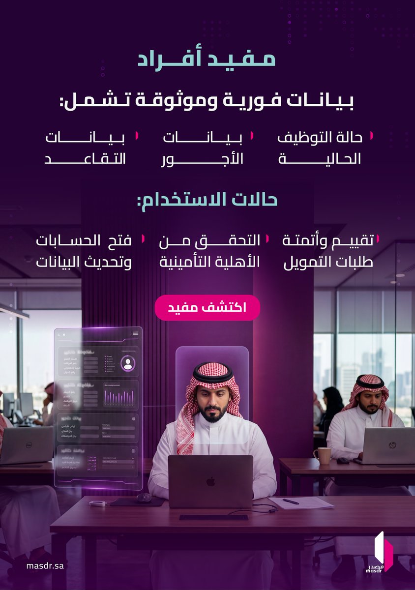 masdr_co's tweet photo. يُوفّر مفيد أفراد من #مصدر بيانات فورية وموثوقة عن التوظيف والراتب والتقاعد من مصادر حكومية موثوقة، تُمكّن الجهات المالية من التحقق بدقة واتخاذ قرارات الائتمان بثقة ودون انتظار، تعرّف أكثر على https://t.co/klqIJhCuiL https://t.co/ngx7ohlZXa
