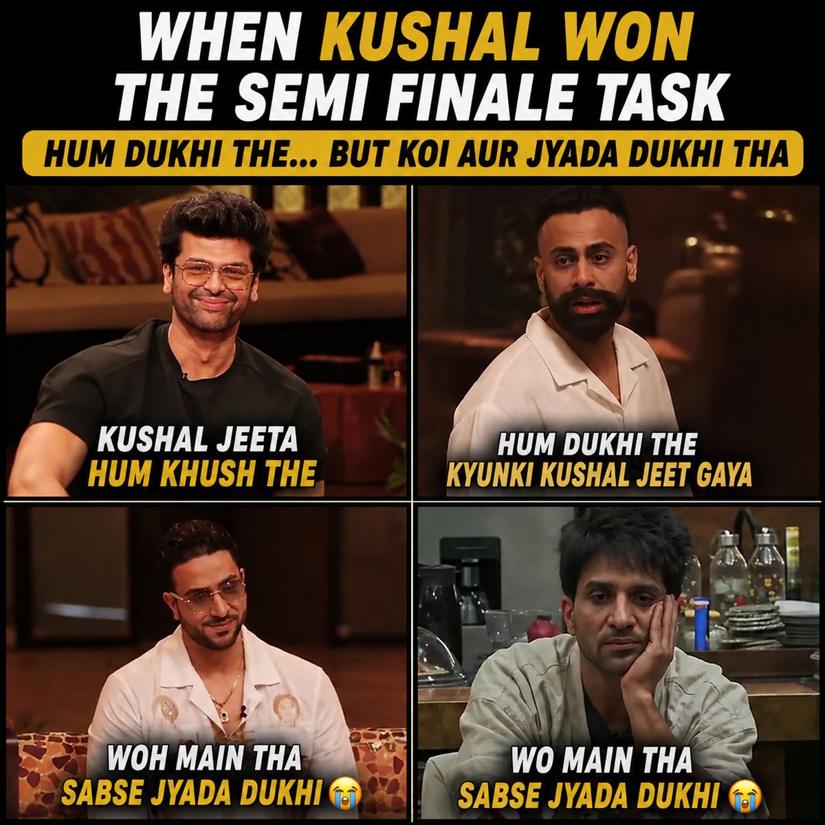 dilberkhandhad1's tweet photo. Dukhi log today when @KushalT2803 became semifinalist and they were like itna planning plotting kiya against #KushalTandon to evict him before finale plus Fan Fav bhi #Kushal ban gaya 🤣 https://t.co/NnHbZIV8BI