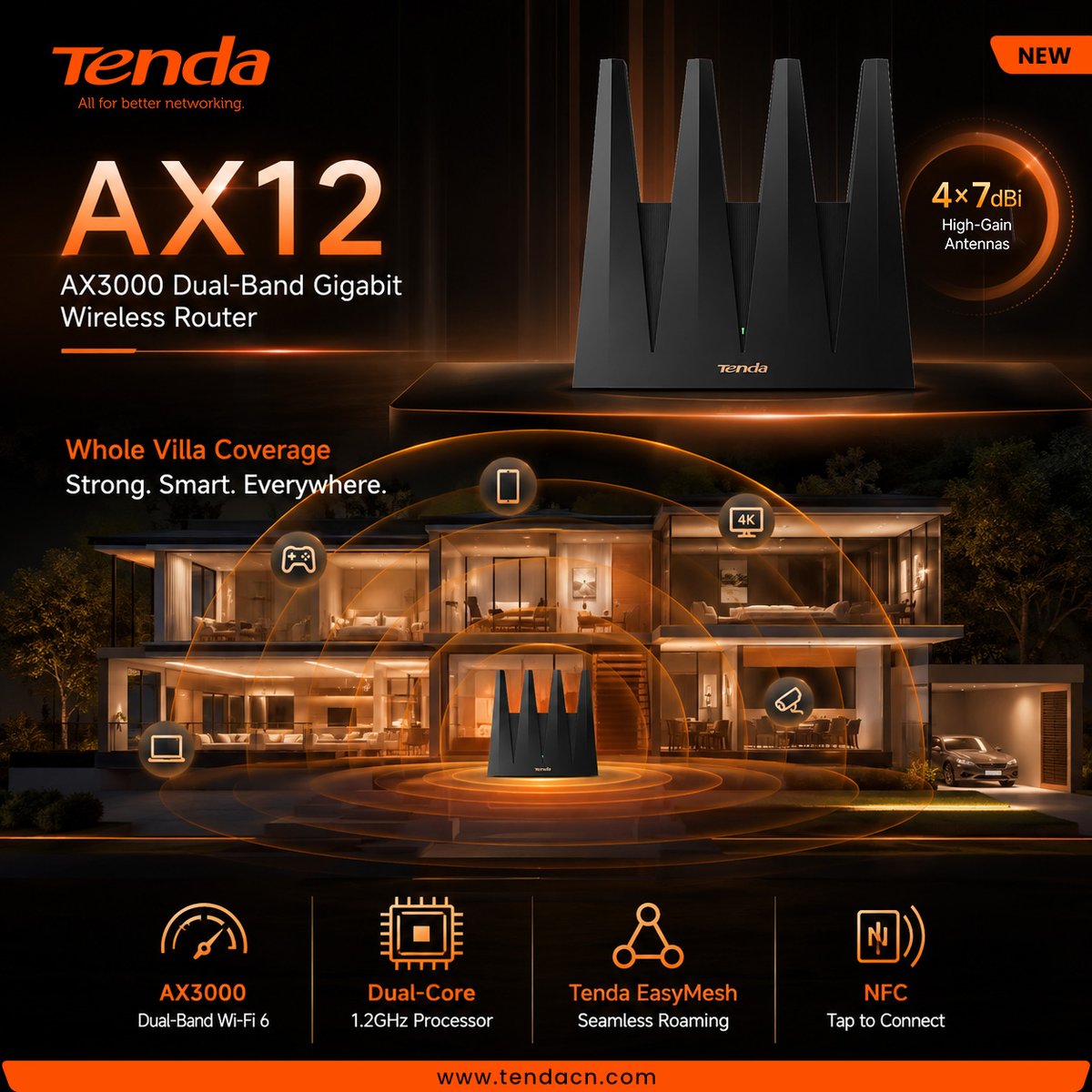 TendaMea's tweet photo. 🚀 Experience Whole-Villa Wi-Fi with the New Tenda AX12
Built for Today's Connected Lifestyle
✔ 4K & 8K Streaming
✔ Online Gaming
✔ Smart Home Devices
✔ Remote Working
Know more: https://t.co/zEQ9b2cZSn
#Tenda #TendaAX12 #WiFi6 #AX3000 #WirelessRouter #HomeNetworking https://t.co/grz4f0kC5K