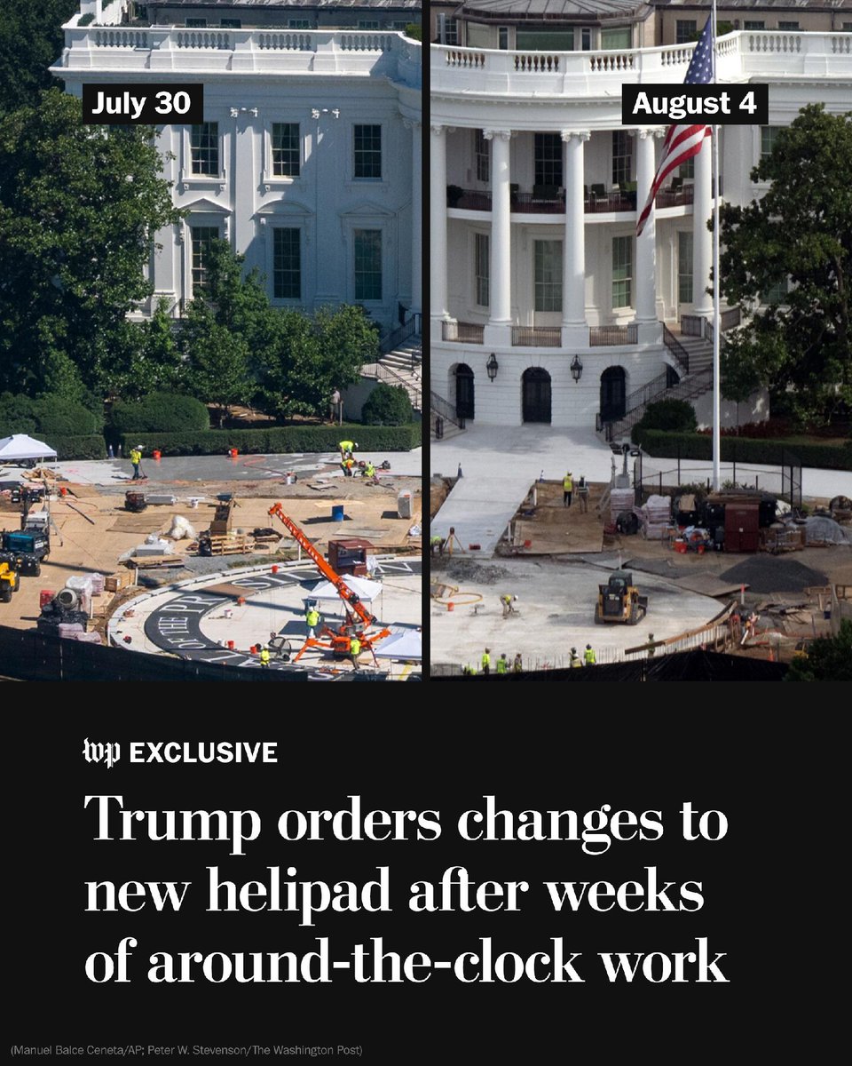 washingtonpost's tweet photo. Exclusive: President Trump has directed contractors to redo weeks of work on his planned White House helipad, according to people who spoke on the condition of anonymity.

Trump has made the helipad a priority, but was dissatisfied with the results. https://t.co/Tu3Qv4DvR8 https://t.co/cZC1htx0hd
