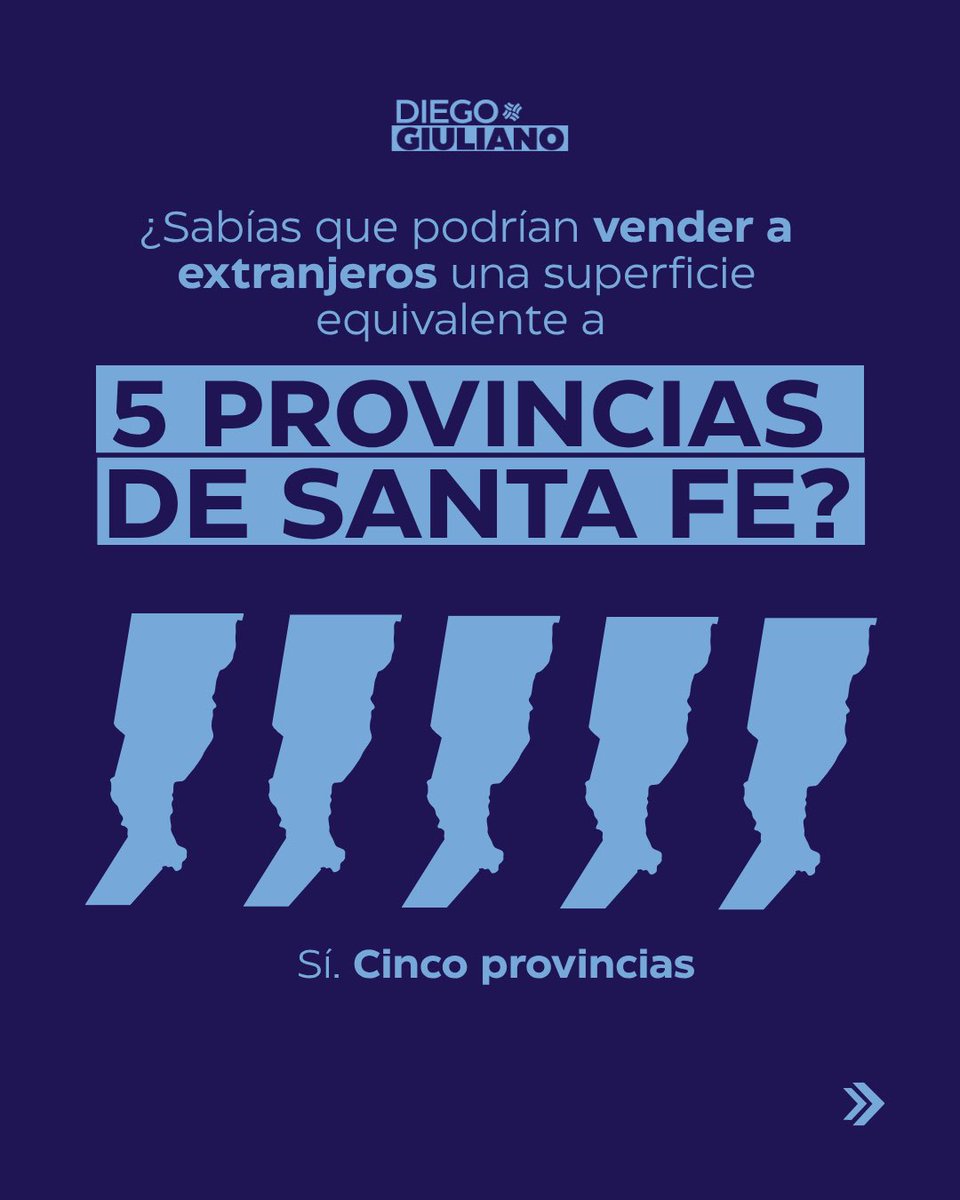 DiegoGiuliano's tweet photo. Cuando hablamos de la tierra argentina, no estamos hablando solamente de campos.

Estamos hablando de producción, de agua, de recursos estratégicos y de soberanía.

Hoy la ley permite que hasta el 15% de las tierras rurales pueda estar en manos extranjeras. Sin embargo, ese límite ni siquiera fue alcanzado.

Entonces, la pregunta es inevitable:

¿Por qué el Gobierno quiere elevar ese tope al 25%?

Si ese proyecto se aprueba, podría habilitarse la compra de una superficie equivalente a cinco provincias de Santa Fe completas.

No es una discusión ideológica.

Es una discusión sobre qué país queremos construir y qué decisiones tendrán consecuencias para las próximas generaciones.

🇦🇷 La tierra no es una mercancía cualquiera. Es territorio, producción, trabajo y soberanía. Y por eso merece un debate serio.

#DiegoGiuliano #SantaFe #Argentina #LeyDeTierras #Soberanía #Producción #Federalismo #Congreso #DefendamosLaTierra