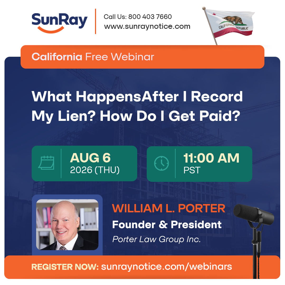 SunrayNotice's tweet photo. Join Bill Porter for "What Happens After I Record My Lien? How Do I Get Paid?" and get practical guidance on the next steps toward recovering payment. August 6 | 11:00 AM PDT 
Last chance to register: https://t.co/q9O9ZqlrXv 

#CaliforniaConstruction #MechanicsLien #GetPaid https://t.co/91gCms6e6T