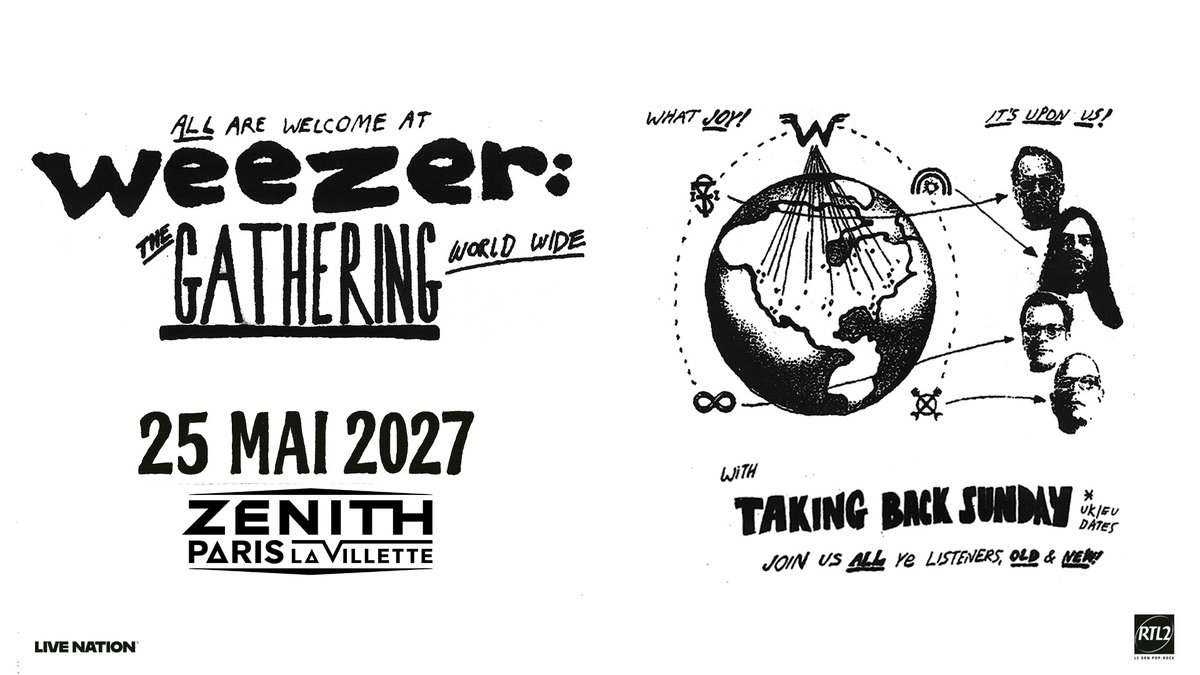 TicketmasterFR's tweet photo. En 2026, @Weezer reprendra la route pour la tournée « Weezer : The Gathering » et sera en concert au @Zenith_Paris – La Villette le 25 mai 2027 !

🎟️ https://t.co/VPRam29NX2 https://t.co/lOFzljZC5r