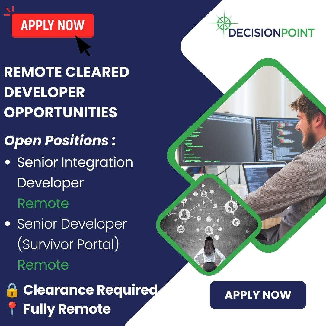 DecPtCorp's tweet photo. DecisionPoint is hiring for two fully remote software development positions:

• Senior Integration Developer: https://t.co/LMhDX718OJ
• Senior Developer, Survivor Portal: https://t.co/xKWeDnqVsq

#DecisionPoint #NowHiring #SoftwareDevelopment #RemoteJobs #ClearedCareers https://t.co/XT3uJt7dmH