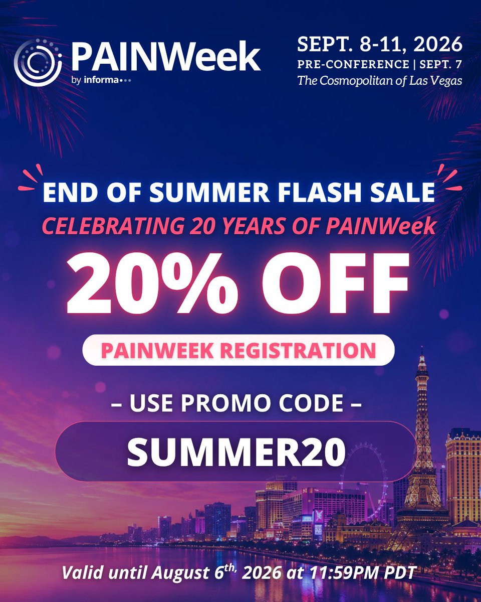 PAINWeek's tweet photo. 🚨FLASH SALE! 🚨

End of Summer savings – 20% OFF PAINWeek 2026 registration!

📍 Sept 8-11 | The Cosmopolitan, Las Vegas 🎉 Celebrating 20 YEARS of PAINWeek!

⏰ Promo ends Aug 6 at 11:59 PM PDT

🔗https://t.co/I3QI7qREXO

#20thAnnualPAINWeek #PAINWeek2026 #PAINWeekLasVegas https://t.co/XjMwnI1kXg