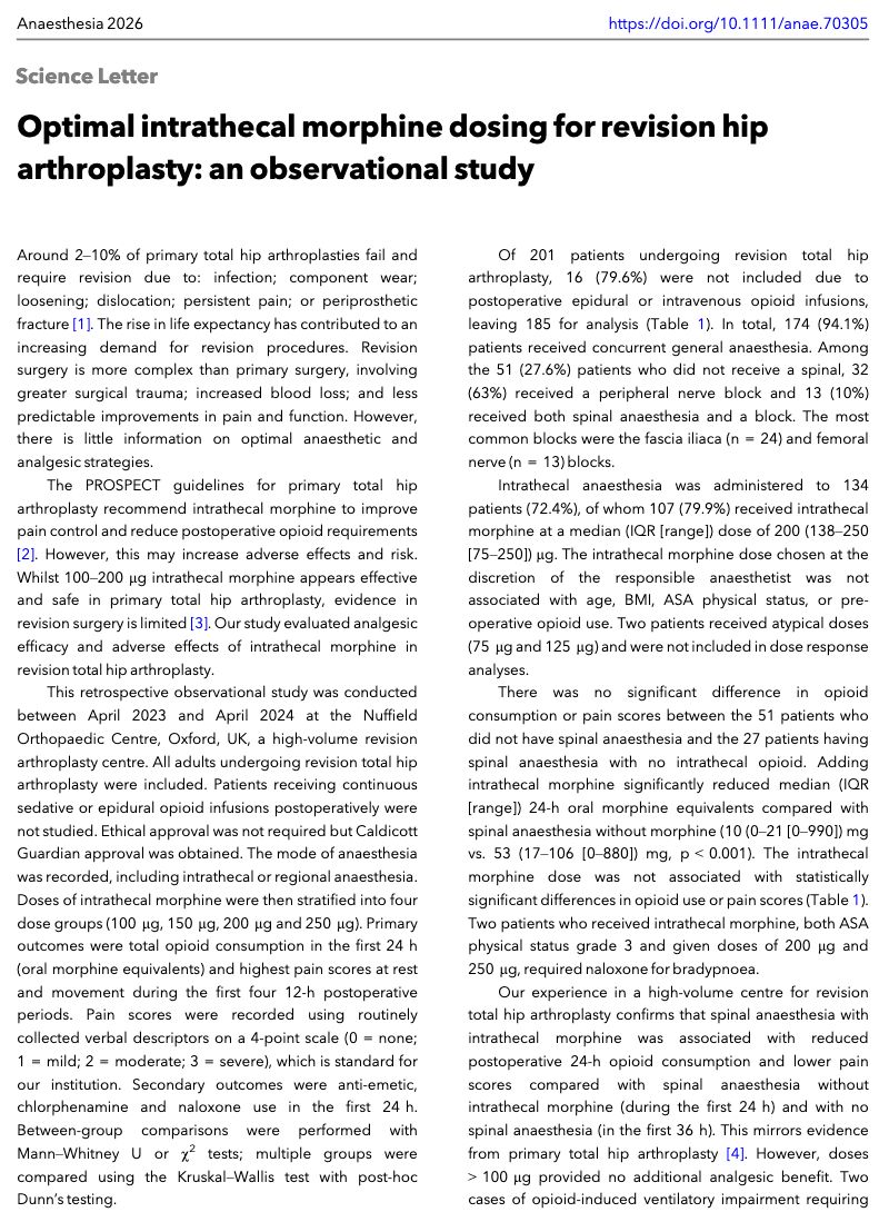 Anaes_Journal's tweet photo. Optimal intrathecal morphine dosing for revision hip arthroplasty: an observational study

#anaesthesia #MedTwitter

https://t.co/IheCsqKEli https://t.co/CIYMUPKSBR