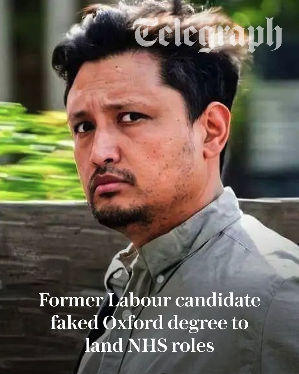 Telegraph's tweet photo. A former Labour candidate has been jailed for four years after using a faked Oxford degree to land more than a dozen senior NHS jobs.

Amran Hussain, 40, Labour’s candidate for North East Hampshire in the 2015 general election, carried out an eight-year fraud campaign that cost the taxpayer £168,000 ⤵️
https://t.co/Sa8mn84RgZ