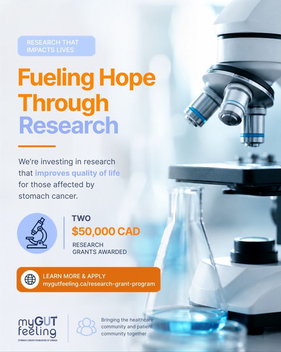 mygutfeelingca's tweet photo. In keeping with our core mission to support the stomach cancer community directly, we are thrilled to announce the launch of our First MGF-Funded Research Grant Program.

Research shouldn't just exist in a lab—it needs to make a tangible difference in the everyday lives of those affected by this disease. Thanks to the generous support of Daiichi Sankyo Canada and funds raised by our incredible community, we are awarding two $50,000 CAD research grants aimed at creating a direct, positive impact on quality of life. Learn more at: https://t.co/U1qiI2TZRs

#StomachCancer #GastricCancer #MyGutFeeling #CancerResearch #QualityOfLife #PatientAdvocacy #CanadianResearch #HealthInnovation