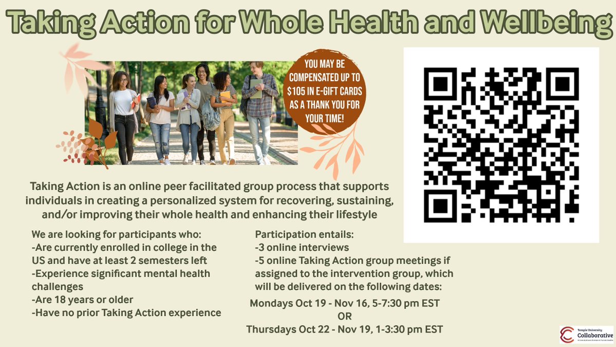 TUCollab's tweet photo. We are looking for participants for our Taking Action study! Taking Action is a peer-delivered intervention designed to promote wellness and recovery of individuals with mental health conditions. Check out the flyer or email TakingAction@temple.edu for more information! https://t.co/qc8PwaxEwf