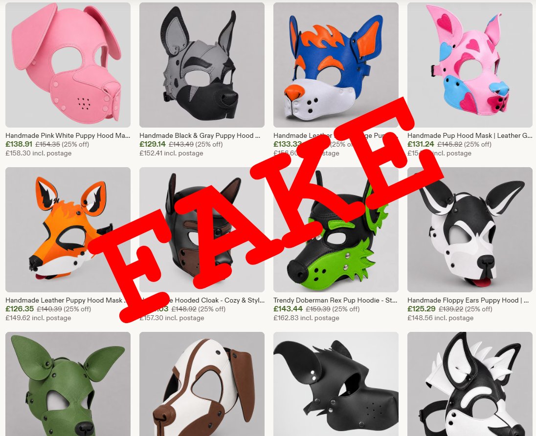 wruffstuff's tweet photo. Warning! A scammer on Etsy has used AI to generate fake products. The images it generated derived from ones uploaded by me, @ScrapYardLthr, @MrSLeather, @PupRexGear and who knows who else. 
Search javalinleather on Etsy and click "Did you mean the shop..." (I'm not linking to it) https://t.co/WUKm6ISg4M