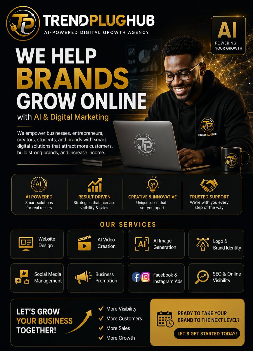 trendplughubai's tweet photo. TrendPlugHub is an AI-powered digital agency helping businesses, entrepreneurs, creators, and brands grow online. We specialize in website design, AI video creation, AI image generation, logo and branding, graphic design, social media management, SEO, Google Business Profile, etc https://t.co/Re4za9tEWR