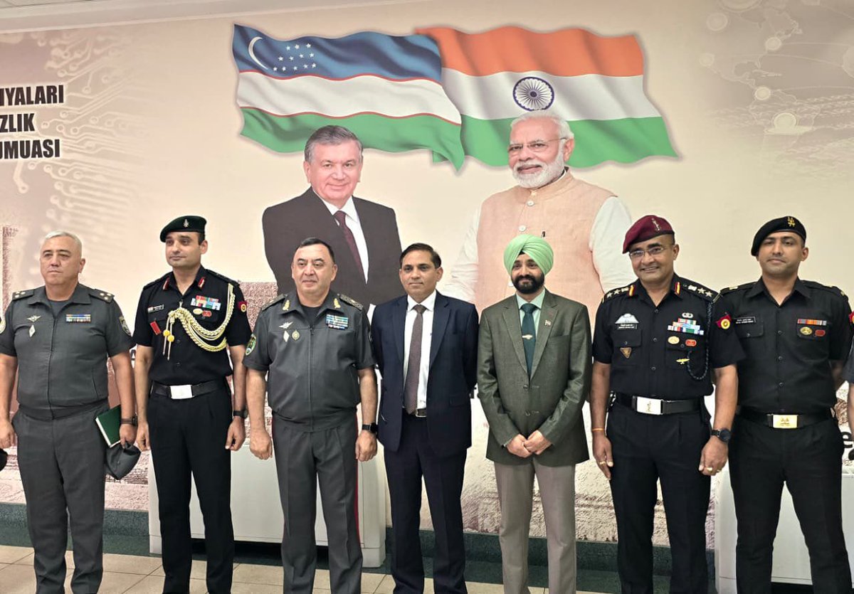 SpokespersonMoD's tweet photo. The Sixth Joint Working Group Meeting on #DefenceCooperation between India and Uzbekistan was held in Tashkent on August 05, 2026. Co-chaired by Joint Secretary Shri Dinesh Kumar and Head of the Central Department for International Military Cooperation, Ministry of Defence of the Republic of Uzbekistan Lieutenant Colonel Sukhrobjon Sodikjonovich Sirojov, the two countries discussed cooperation in joint training & exercises, capacity building, defence education and defence industry. The Indian delegation also visited the University of Military Security and Defence to review India’s ongoing capacity-building initiatives. The engagements reaffirmed the growing #IndiaUzbekistan #defencepartnership. 🇮🇳🤝🇺🇿

@amb_tashkent 
@MEAIndia