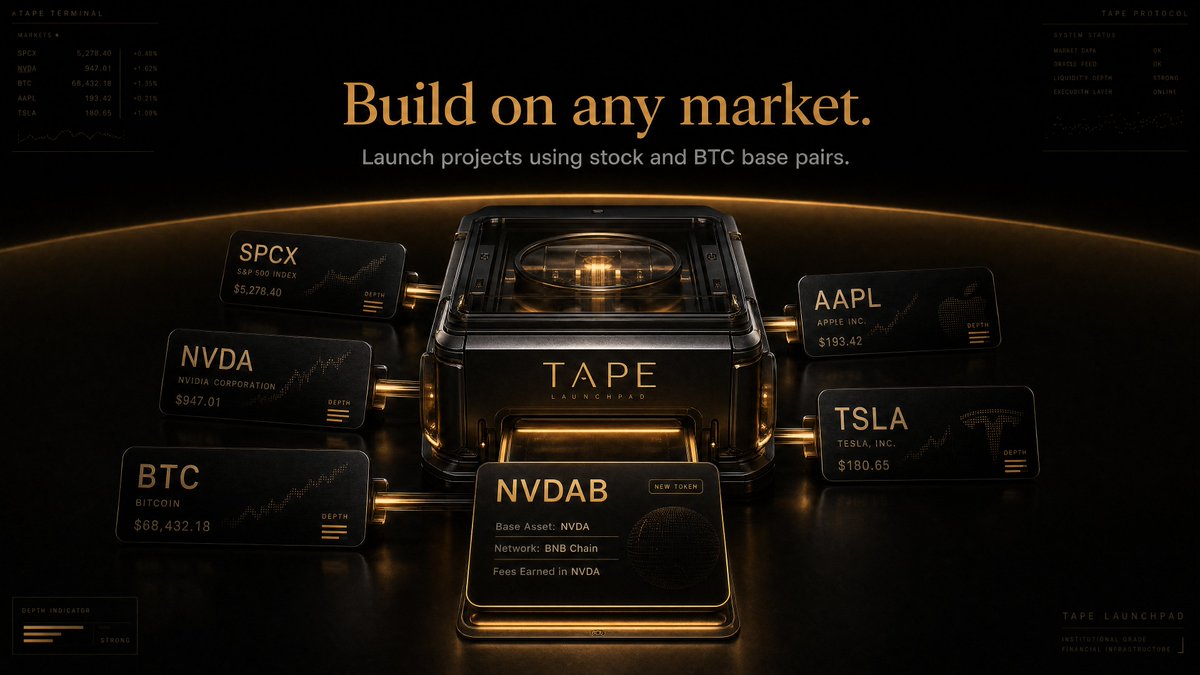 TapeTerminal's tweet photo. Example:

A project launches NVDAB against NVDA.

Users trade the NVDAB/NVDA pair.

Liquidity is denominated in NVDA.

Protocol fees accrue in NVDA.

Instead of launching beside the real market, the project launches directly on top of it.