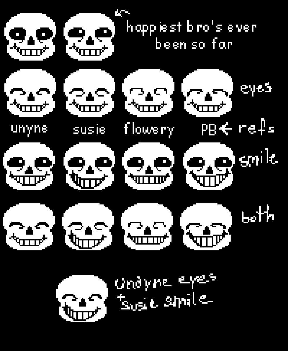 Artsyrean's tweet photo. doing a little study thingy  to scientifically figure out how to make sans undertale look genuinely happy without looking like he's about to jump off a bridge

gonna continue still, but these are the results so far using refs and adjusting along the way https://t.co/sjplVQGapf