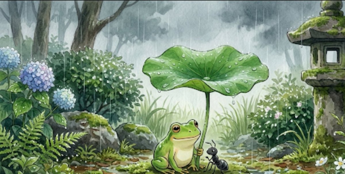 bavep56328's tweet photo. 雨の日、小さなカエルが大きな葉っぱの下で雨やど りを警していました。

そこへ、濡れたアリが走ってきました。

カエルは言いました。「ここに入りなさい。」

二匹は狭い葉っぱの下で、肩を寄せて雨がやむのを

待ちました。

雨があがると、綺麗な虹がかかりました https://t.co/QQLGK7xQTd