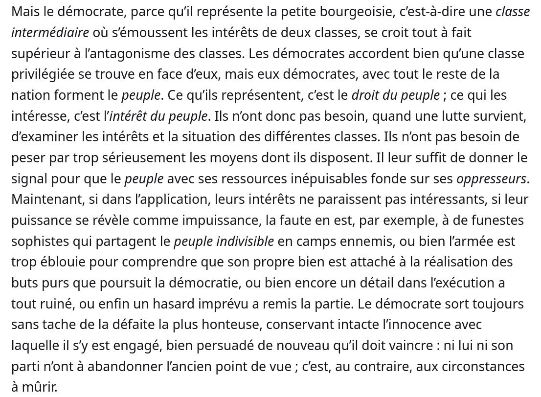 Soll2Terre's tweet photo. Suite à la sortie de "L'état et la révolution citoyenne" de Mélenchon, c'est important de lire ce qu'écrivait Marx sur la petite bourgeoisie, et son sujet révolutionnaire : "le peuple".
Relire le 18 brumaire.. https://t.co/RLtllhSldW
