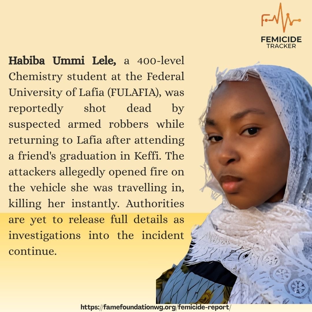 famefoundationF's tweet photo. On Saturday, August 1, 2026, Habiba Ummi Lele, a 400-level Chemistry student at the Federal University of Lafia (FULAFIA), was reportedly shot dead by suspected armed robbers while returning to Lafia, Nasarawa State, https://t.co/6Yp4iUFY9j