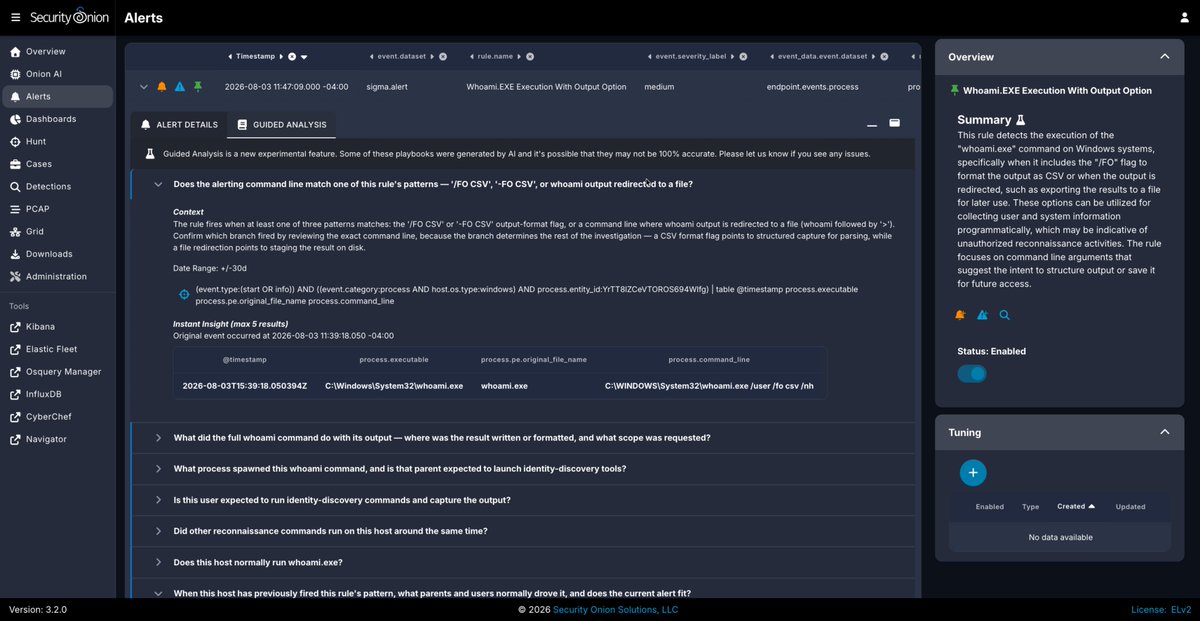 securityonion's tweet photo. One of the new features that we released in Security Onion 3.2 last week was Investigative Playbooks for the included Sigma detection rules. This means that alerts generated from log entries -- for example, a suspicious process execution event on an endpoint -- will now have Guided Analysis steps available for the analyst to follow, complete with live data pulled from your Security Onion logs. And as always, you can also write your own Playbooks as part of your detection engineering process, so the investigation and response workflow is tailored to your environment.

You can view these playbooks in the Detections module in SOC, or see them all in our public GitHub repo.