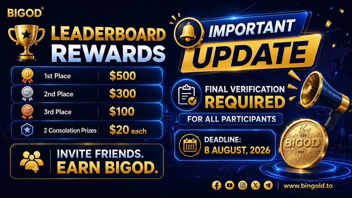 BiGODToken's tweet photo. 📢 Important Notice for BIGOD Referral Campaign Participants

To ensure the fairest and most transparent results, the BIGOD team is conducting a final verification of all participants before announcing the winners

If you joined the BIGOD Referral Campaign, please submit your information using the form below

This final review helps us:
• Verify all referral records
• Remove duplicate or fraudulent entries
• Prevent cheating and abuse
• Ensure every reward is distributed fairly

📋 Submit your information here:
👉 https://t.co/YOnGEE2Dlv 

⏳ Submission Deadline: August 8, 2026
Entries that are not verified before the deadline may not be eligible for leaderboard rewards.

Thank you for your cooperation and for helping us build a fair BIGOD community