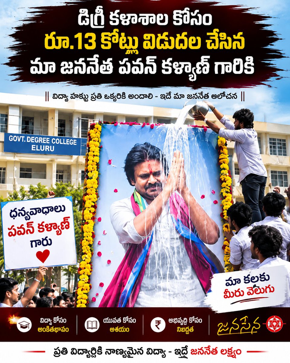 JSP_MuraliMohan's tweet photo. 🎓 ఏలూరు ప్రభుత్వ డిగ్రీ కళాశాల అభివృద్ధికి నిధులు కేటాయించిన నేపథ్యంలో విద్యార్థులు ఉప ముఖ్యమంత్రి శ్రీ పవన్ కళ్యాణ్ గారికి కృతజ్ఞతలు తెలిపారు. విద్య బలోపేతమే యువత భవిష్యత్తుకు పునాది. జై జనసేన! ✊
#PawanKalyan #JanaSena #Eluru #Education #AndhraPradesh https://t.co/mSqJWNPhmR