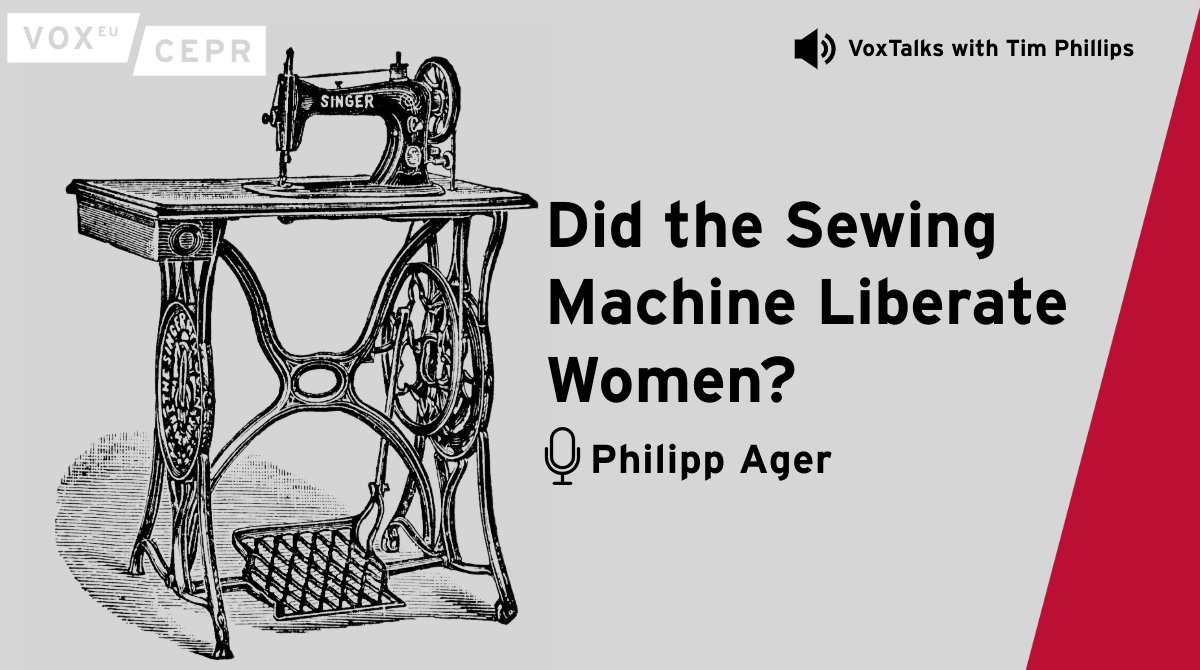 voxeu's tweet photo. In 1860, the New York Times declared that "no one invention has brought with it so great a relief for our mothers and daughters as these iron needle-women." They were, of course, referring to the sewing machine. But how much did it really change the lives of women in the 19th century?

In the latest VoxTalks Economics Podcast, Tim Phillips speaks with Philipp Ager (@EconUniMannheim) about his research with Davide Coluccia (@BristolUni), which traces the spread of the sewing machine across Massachusetts between 1850 and 1900. Their findings reveal a striking divide across social classes.

🎧 Listen now: https://t.co/GXeh35VS5o 

#VoxTalks #Economics #EconHistory #Gender #Labour