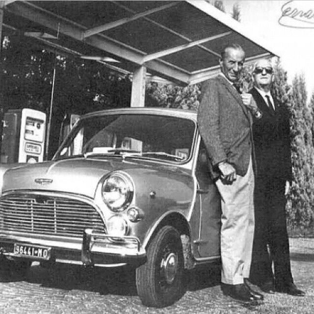 BoylanRoger's tweet photo. Alec Issigonis, creator of the Mini, with Enzo Ferrari, who owned one. https://t.co/sNHN0HBJHC