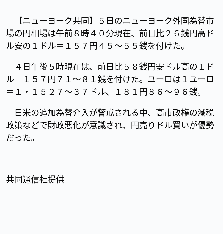 ANDANTE(コメントにお時間下さい)専用 速報】NY円、157円台半ば ※記事は投稿時点の内容です。 #OANDA