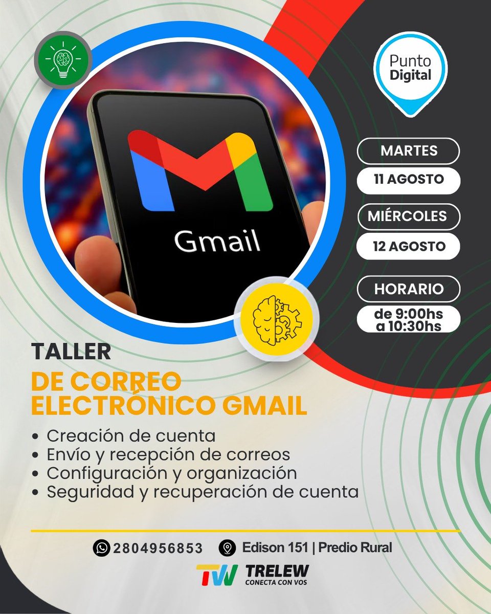 PuntoTrelew's tweet photo. 📧 ¿Querés aprender a usar Gmail desde cero o mejorar el manejo de tu correo electrónico?

En Punto Digital abrimos el Taller de Correo Electrónico Gmail, donde vas a aprender a crear una cuenta, enviar y recibir correos, organizar tu bandeja y conocer herramientas básicas de https://t.co/GN1Au5J1TA