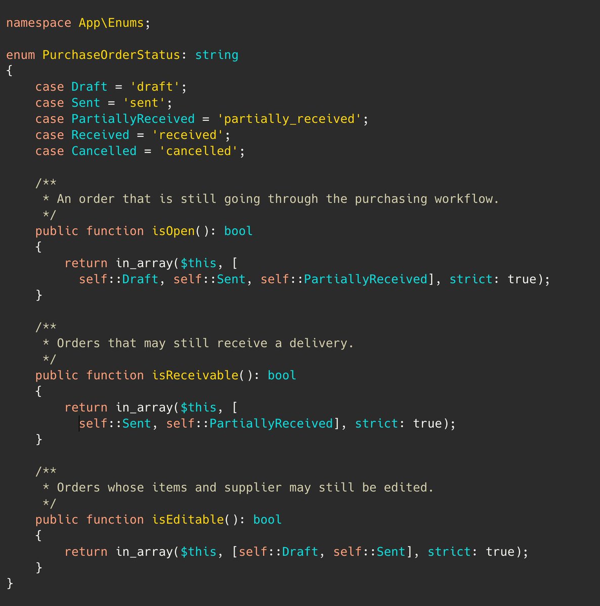 PovilasKorop's tweet photo. PHP tip.

In Enums, you may create "helper methods" that describe a few of the possible values in one "group", to make it more readable from the outside.

Similar how Laravel devs have been doing this in Eloquent, for many years. https://t.co/FMhdkdjbcp