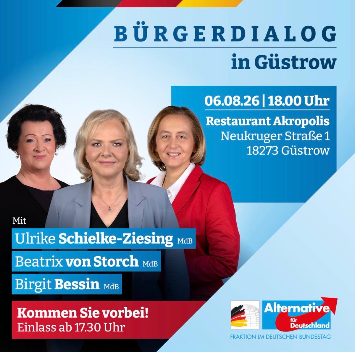 BirgitBessin's tweet photo. Kommt morgen zum Bürgerdialog nach #Güstrow und bringt Freunde und Bekannte mit! Wir freuen uns auf Euch! #AfD #Bundestag #Bessin https://t.co/rRH0qwabD4