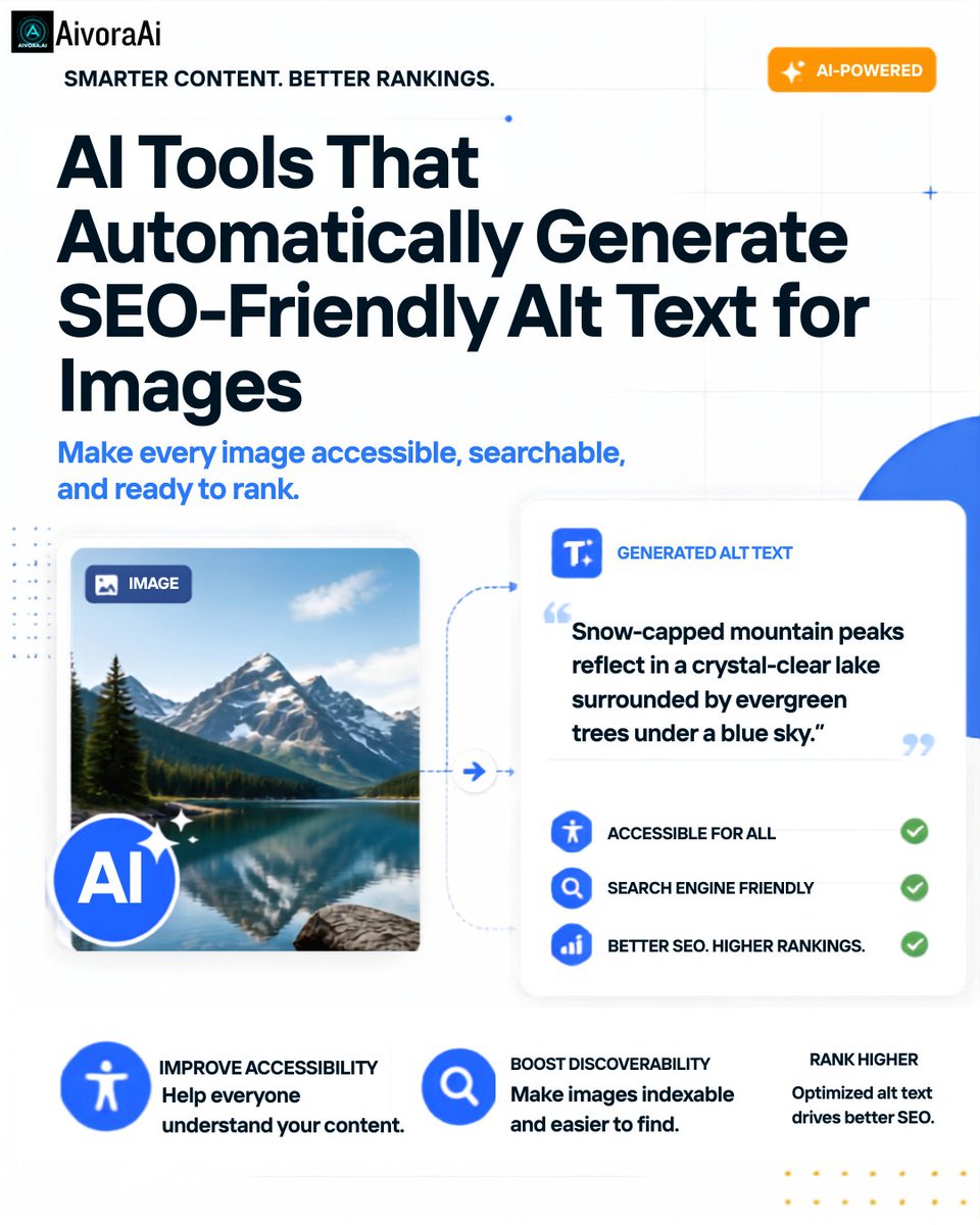aivoraai_co's tweet photo. 📸 Boost your SEO automatically! Generate accurate, AI-powered alt text that improves accessibility, search visibility, and image rankings. 🚀
#SEO #AltText #AITools #Accessibility #ImageSEO #AivoraAi https://t.co/c83oMR21bL