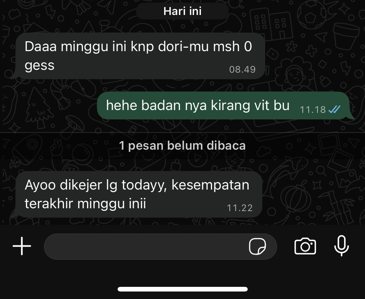 aidaazrrr's tweet photo. Before dori di chat atasan karna minggu ini masih 0 dori guaa alhasil detik itu juga gua keliling pt sebenernya makin sini makin mager woy 🫠 https://t.co/zahansWoXG