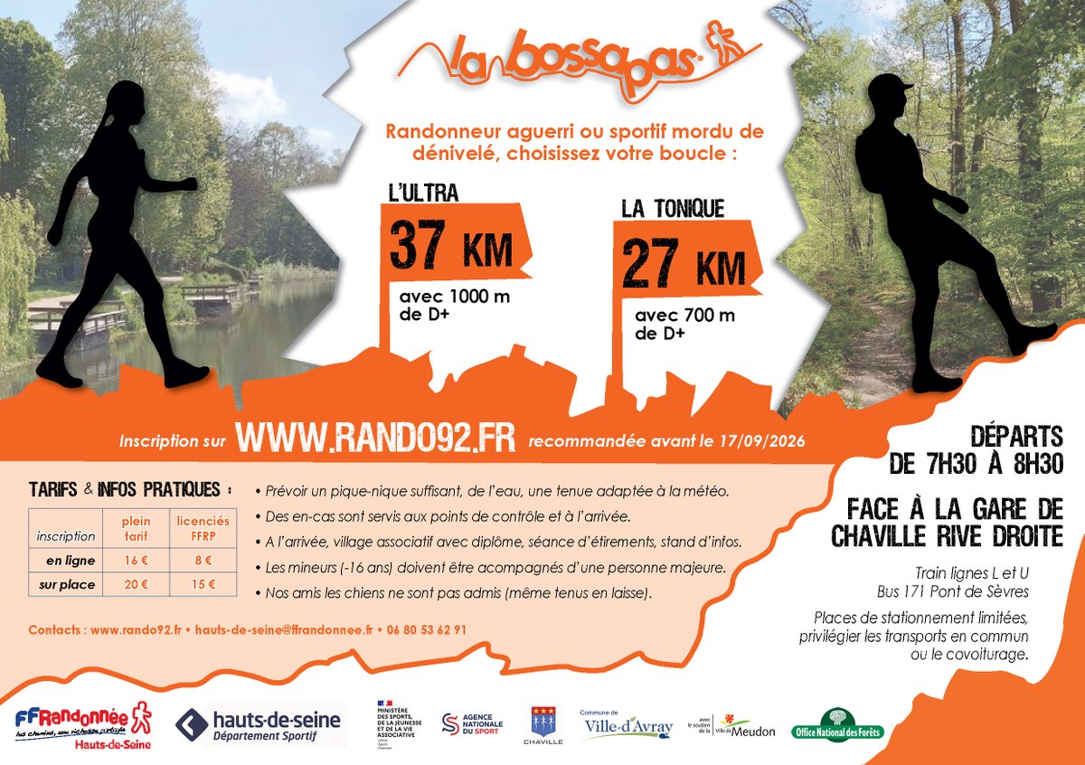 ffrandonnee92's tweet photo. Prêt à faire chauffer les mollets ?
😎Samedi 19 septembre la mythique Bossapas revient pour sa 17ème édition, au départ de Chaville Rive-Droite. Deux parcours : 💪 
⚡️L'ULTRA 37 km avec 1000 mètres de D+🤩
⚡LA TONIQUE 27 km avec 700 mètres de D+,😍
📲https://t.co/NGsE09gEpW 💚 https://t.co/OTI6SbNePG