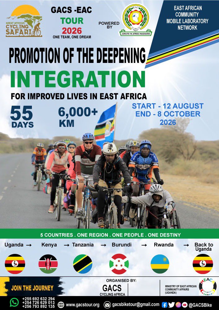 Esau_Matsiko's tweet photo. Pedaling for a stronger East Africa! 🚴♀️
The #GACS2026 will cover 6,000+ km across five countries in 55 days, promoting regional integration and improving lives. One region. One people. One destiny.
#WheelsOfIntegration| #RideforEastAfrica| #PedalBeyondboarders https://t.co/GW8egxGRq1